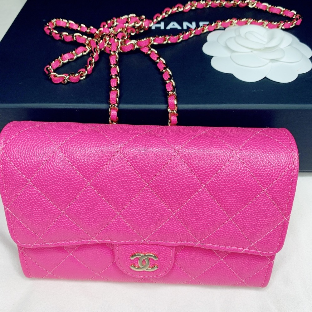 CHANEL Pink Quilted Leather chain Clutch Bag wcard